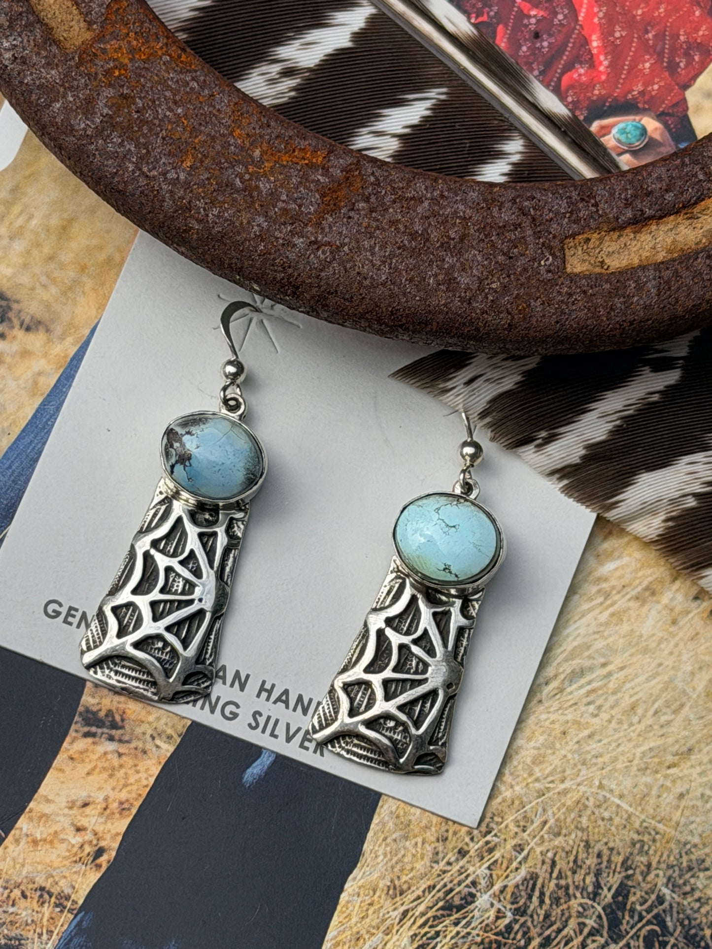 Golden Hills Turquoise Spiderweb Earrings by Joe Paul