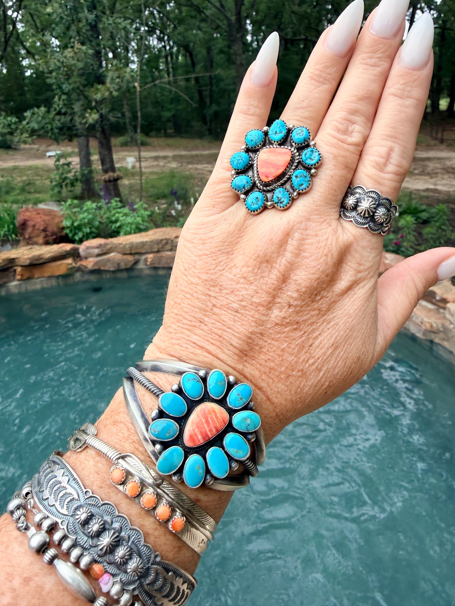 Large Kingman Turquoise Cluster and Orange Spiny Cuff