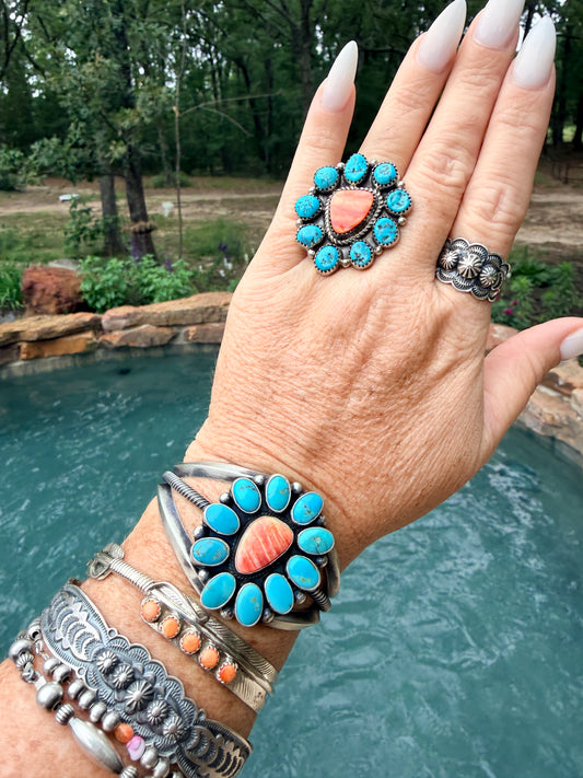 Navajo Cluster Orange Spiny Oyster Kingman Turquoise Sterling Silver