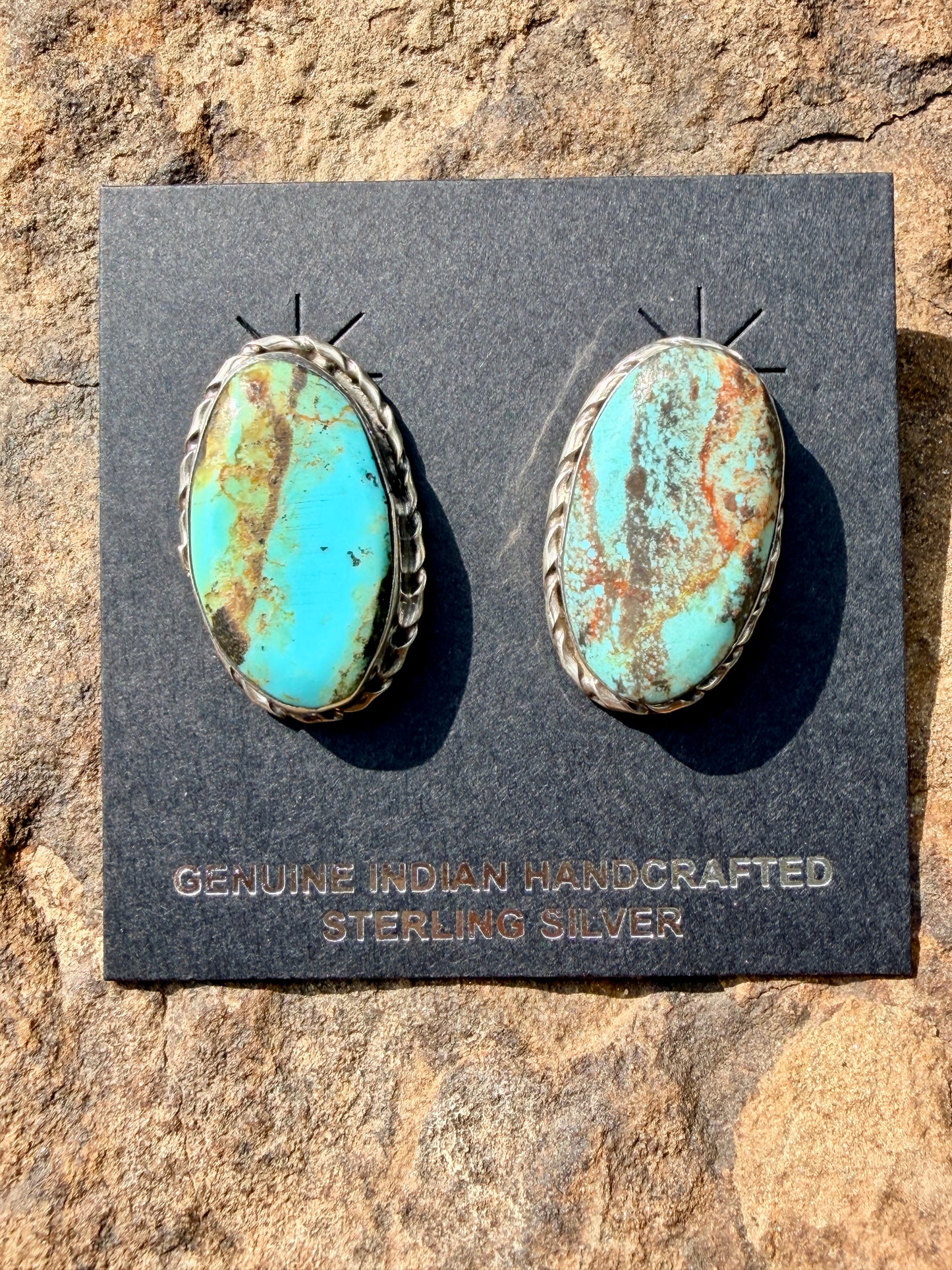 Native Made Large Oval Turquoise Post Earrings By Mike Dedman
