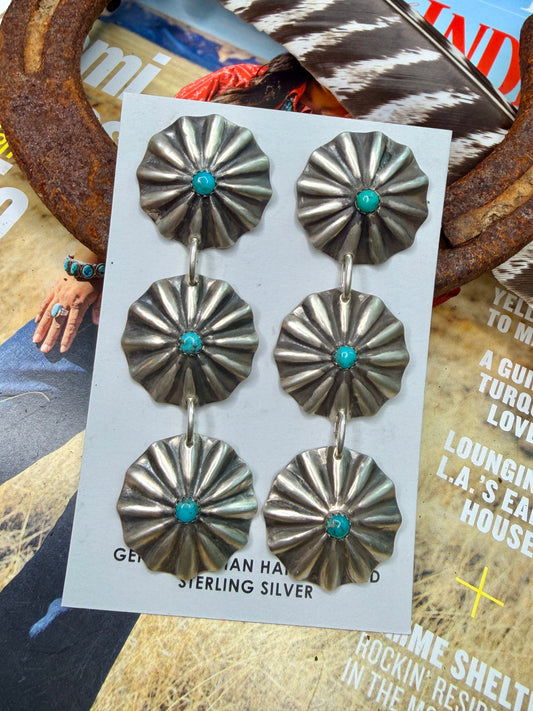 Hand Stamped Sterling Silver Concho and Turquoise Dangle Post Earrings