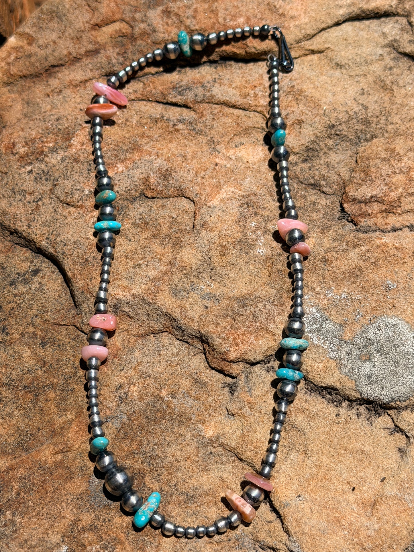 Native Strung, Handcrafted Turquoise, Queen Pink Conch Shell and Sterling Silver Pearl Beaded Necklace 16”