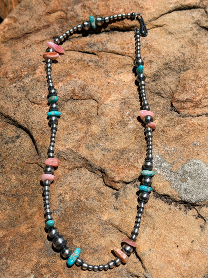 Native Strung, Handcrafted Turquoise, Queen Pink Conch Shell and Sterling Silver Pearl Beaded Necklace 16”
