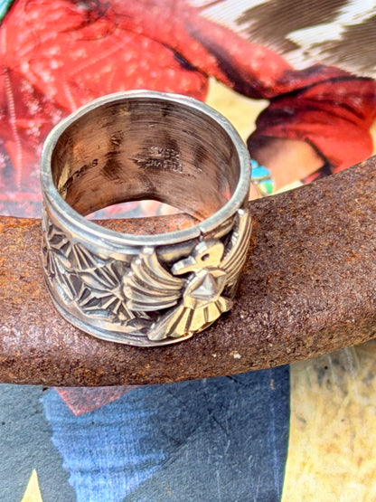 Delayne Reeves Handmade Navajo Sterling Silver Wide Band Ring Thunderbird size 6.5