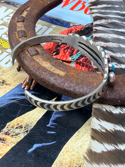 Native Made Nevada Turquoise and Pink Conch Cuff by Russell Sam