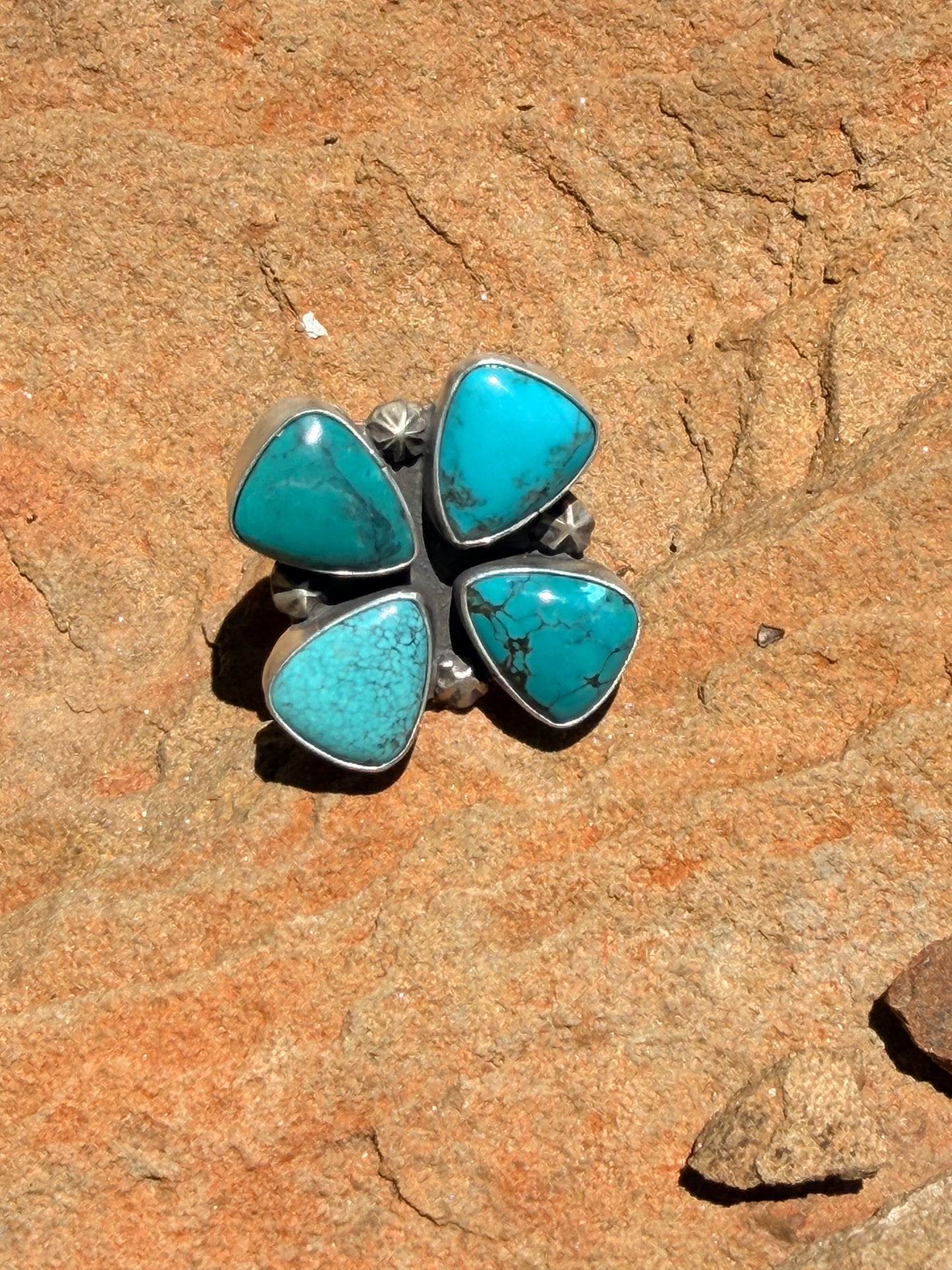 Native Made Turquoise & Sterling Silver Adjustable Cluster Ring