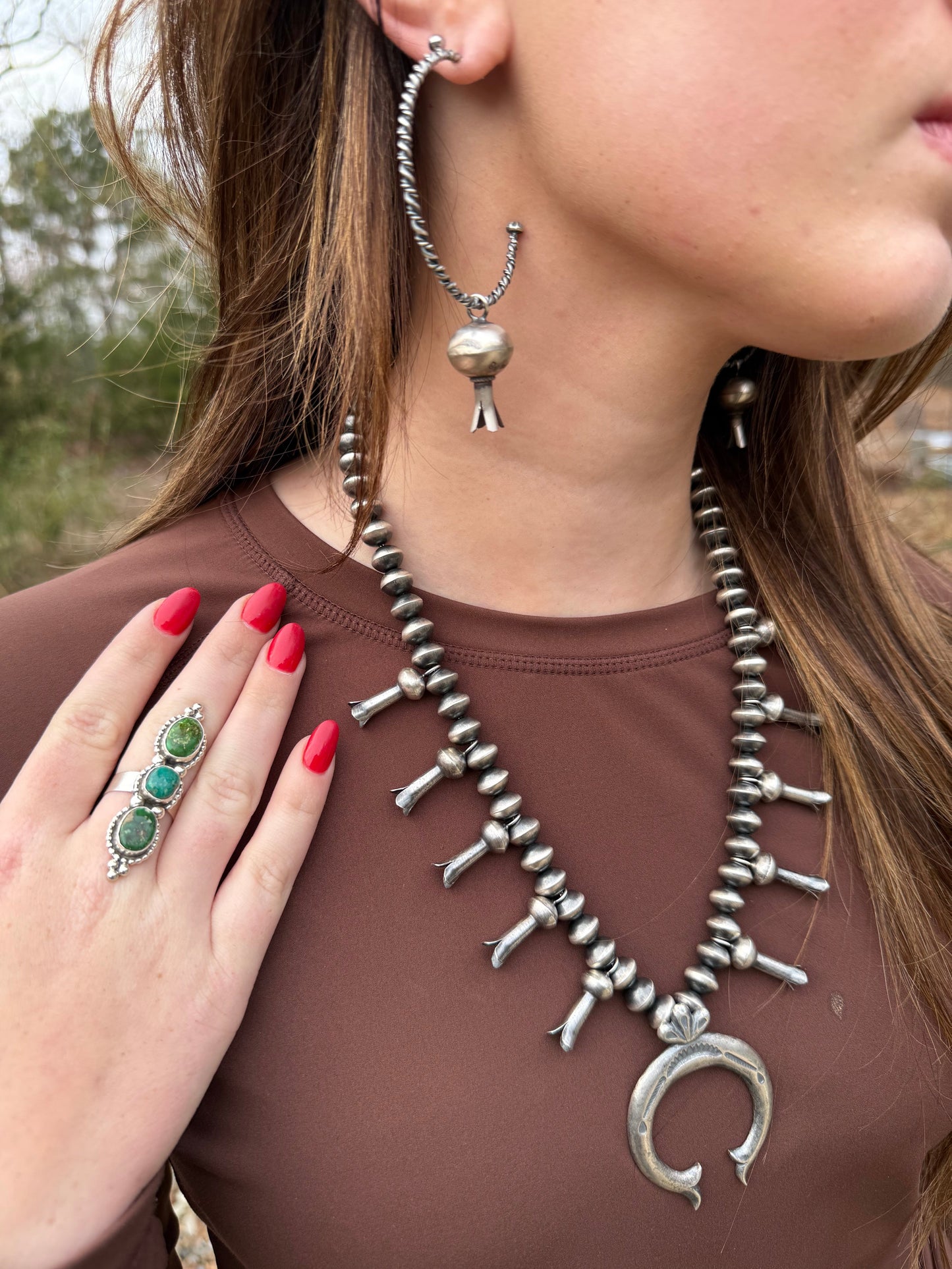 Navajo Squash Blossom Twisted Hoop Earrings Handmade by Monica Smith