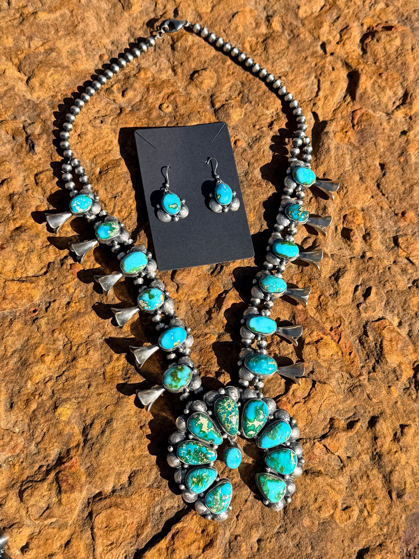 Authentic Native America Navajo Sterling Silver Sonora Gold Turquoise Squash Blossom Necklace & Earring's By Kee J