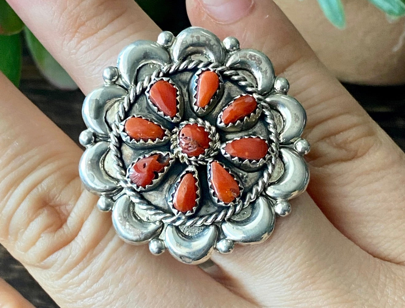 Eunis Wilson Coral & Sterling Silver Cluster Ring Size 7.25