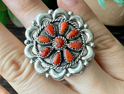 Eunis Wilson Coral & Sterling Silver Cluster Ring Size 7.25