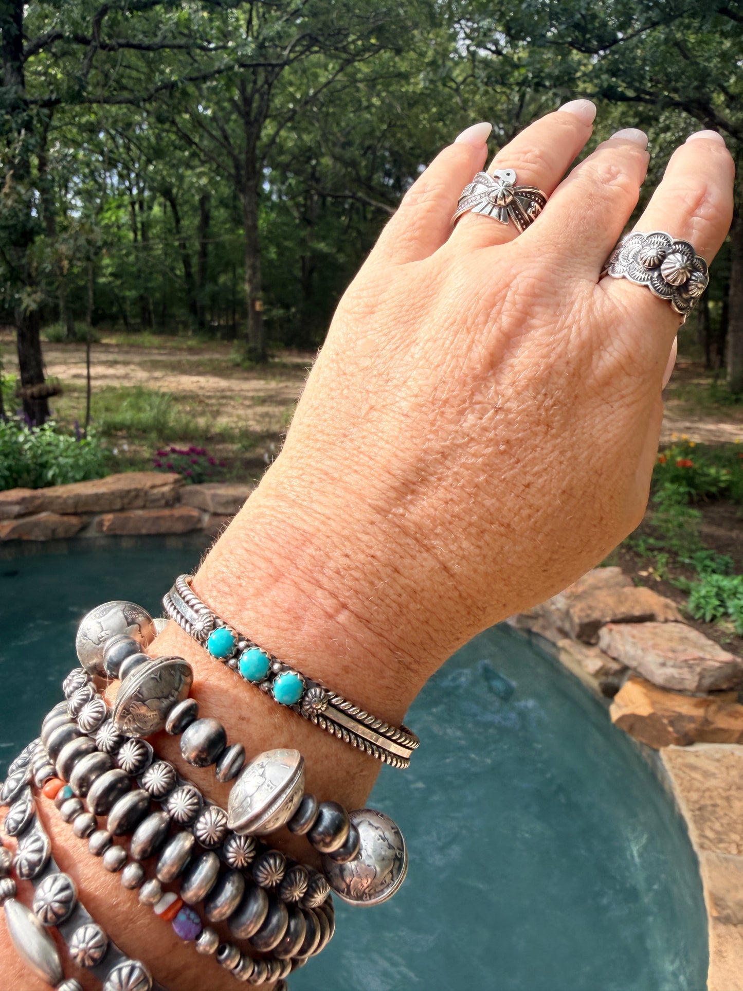 Native Made 3 Stone Turquoise Cuff with Rope Design