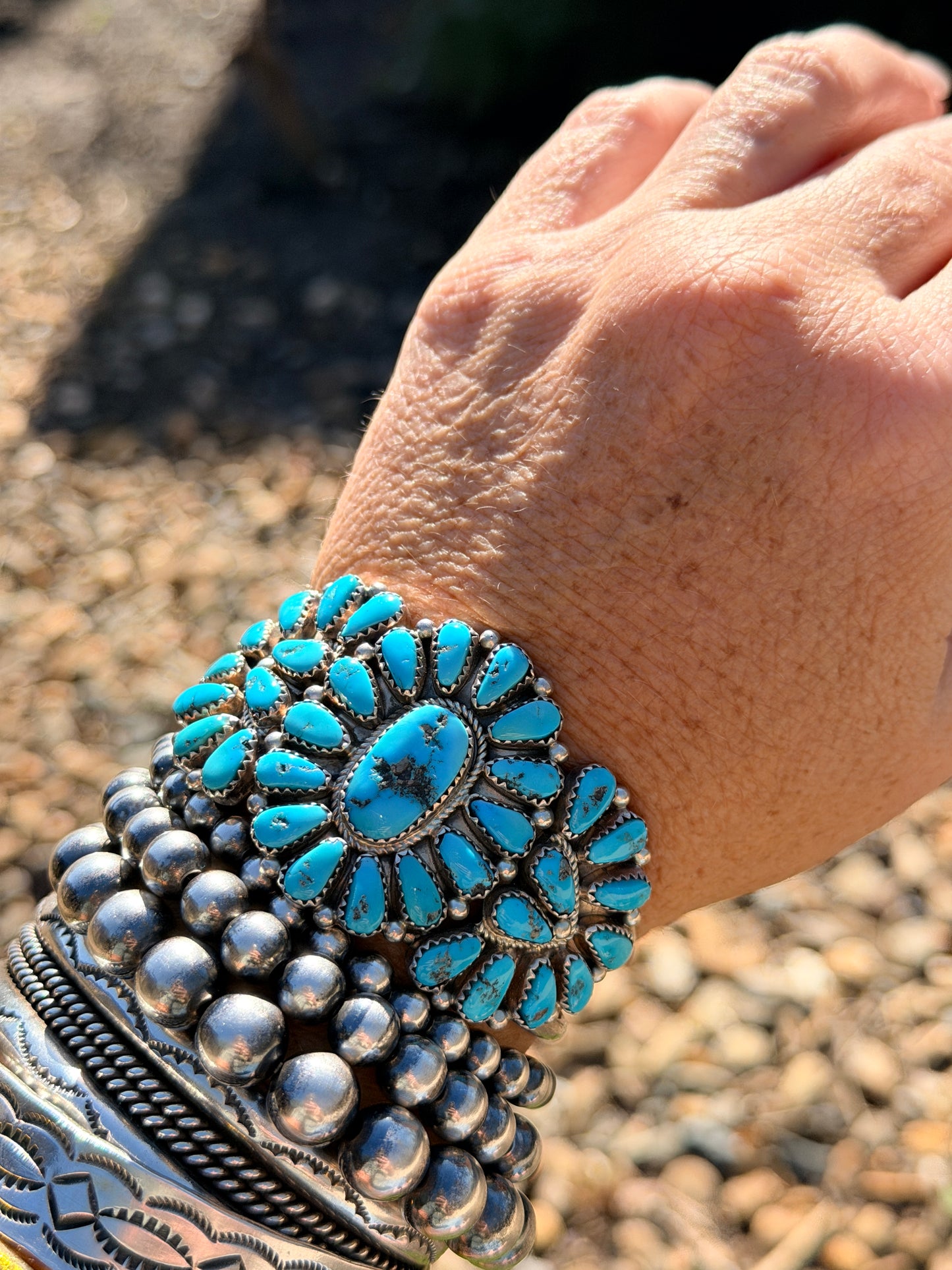 Richardson's Trading Post Signed Vintage Zuni Sterling Turquoise Cluster Cuff Bracelet