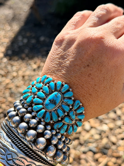 Richardson's Trading Post Signed Vintage Zuni Sterling Turquoise Cluster Cuff Bracelet