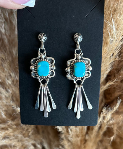 Native Made Square Kingman Turquoise with Concho Post Earrings by Delgarito