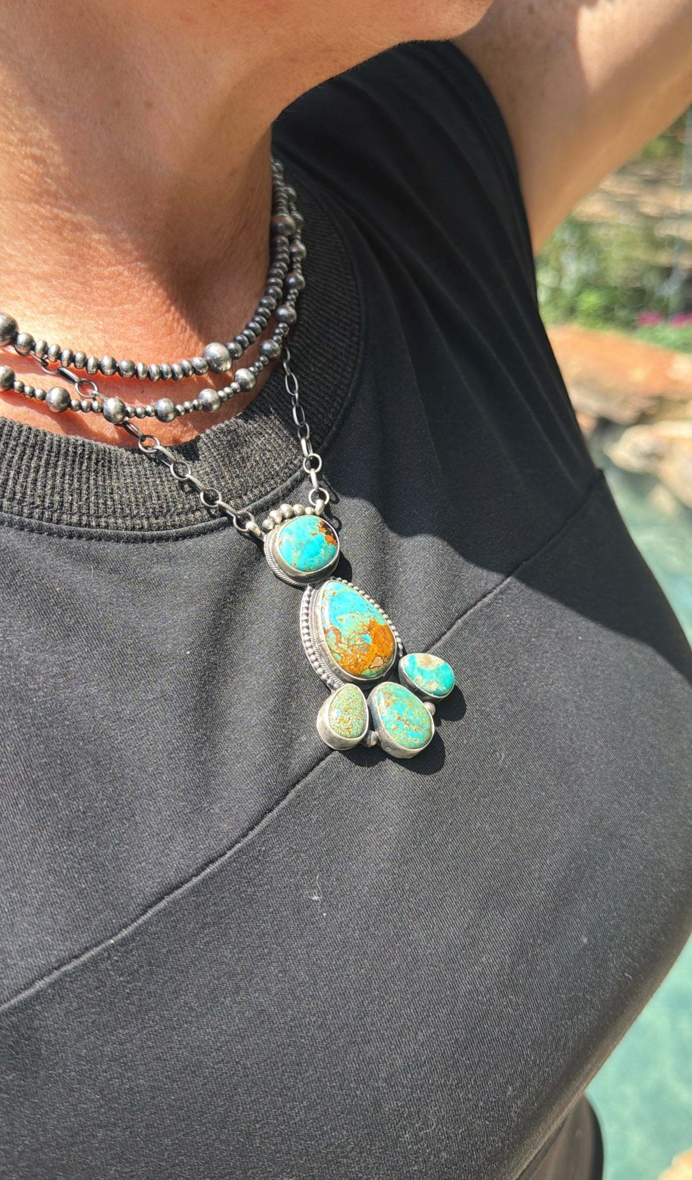 Native Made by Timothy Yazzie Evans, Turquoise & Sterling Silver Cluster Necklace