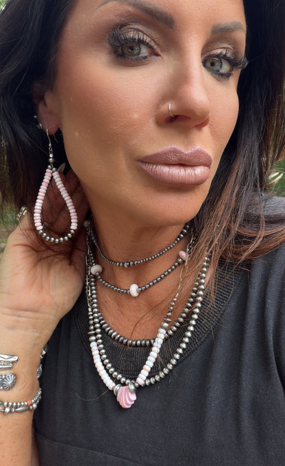 Pink Conch and Sterling Silver Rondelle Bead Hoop Earrings