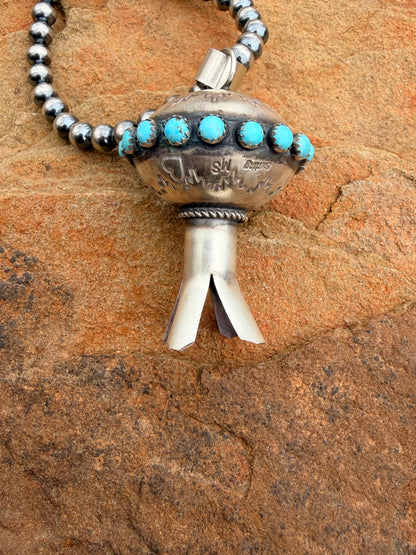 Giant Navajo Made Kingman Turquoise & Sterling Silver Blossom Pendant by Monica Smith