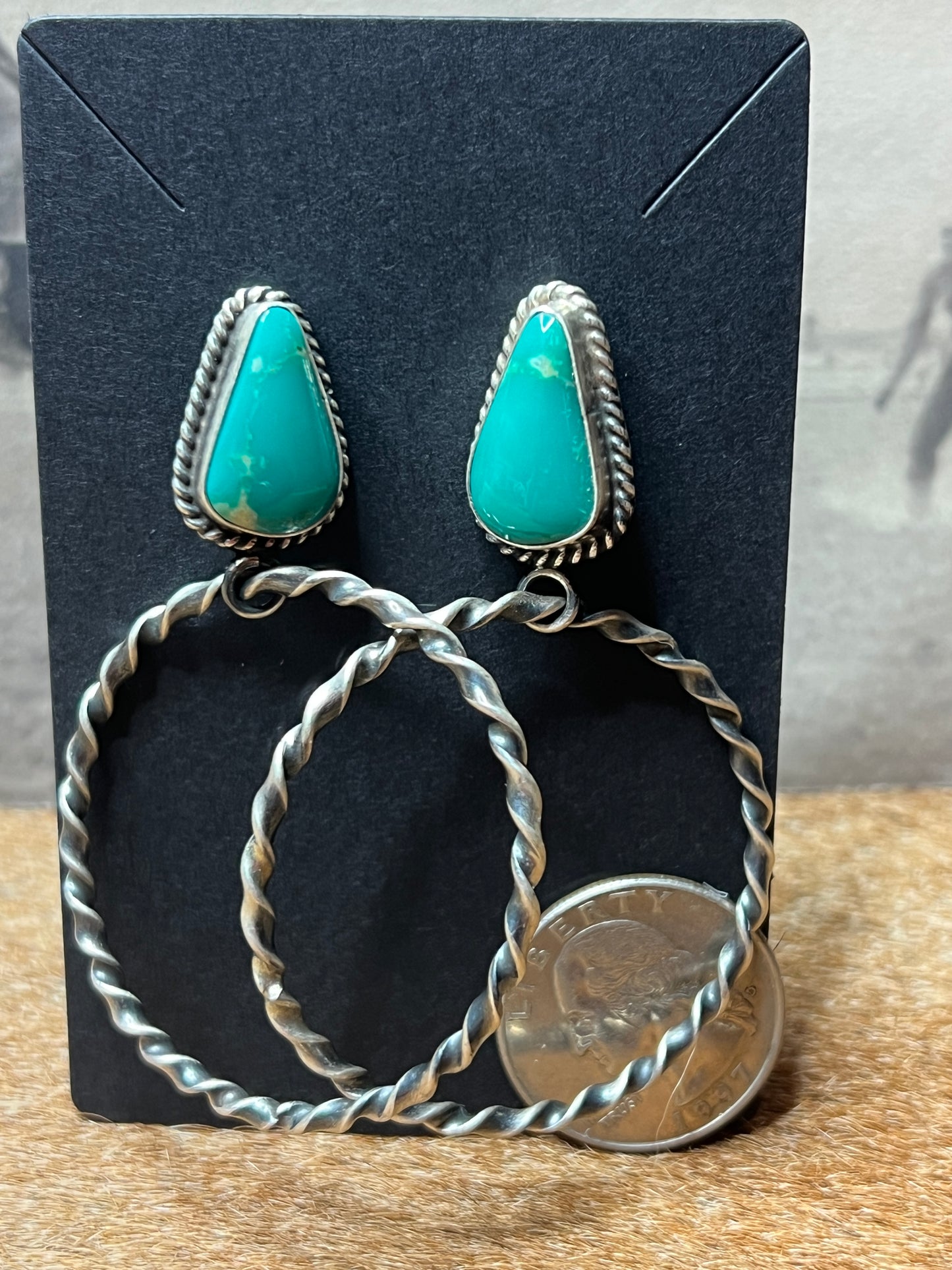 Beautiful Authentic Turquoise and Twisted Hoop Post Earrings