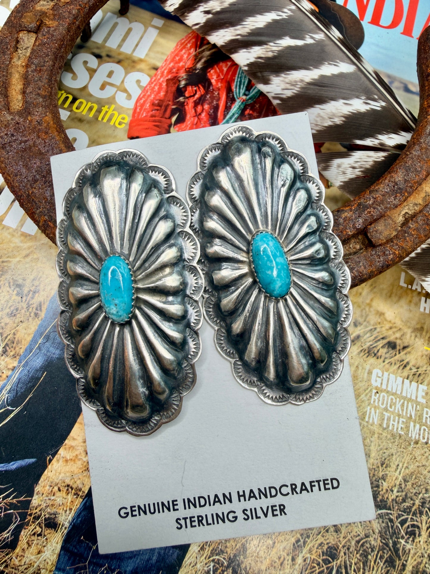 Giant Rita Lee Turquoise & Sterling Silver Post Concho Earrings