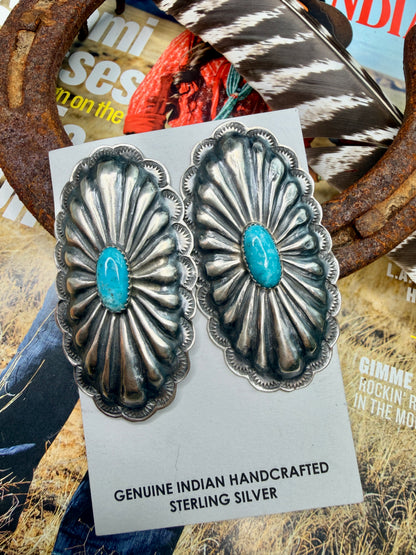 Giant Rita Lee Turquoise & Sterling Silver Post Concho Earrings