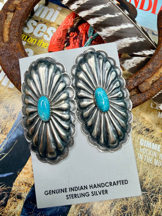 Giant Rita Lee Turquoise & Sterling Silver Post Concho Earrings