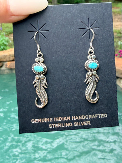 Native Made Turquoise and Silver Feather Earrings