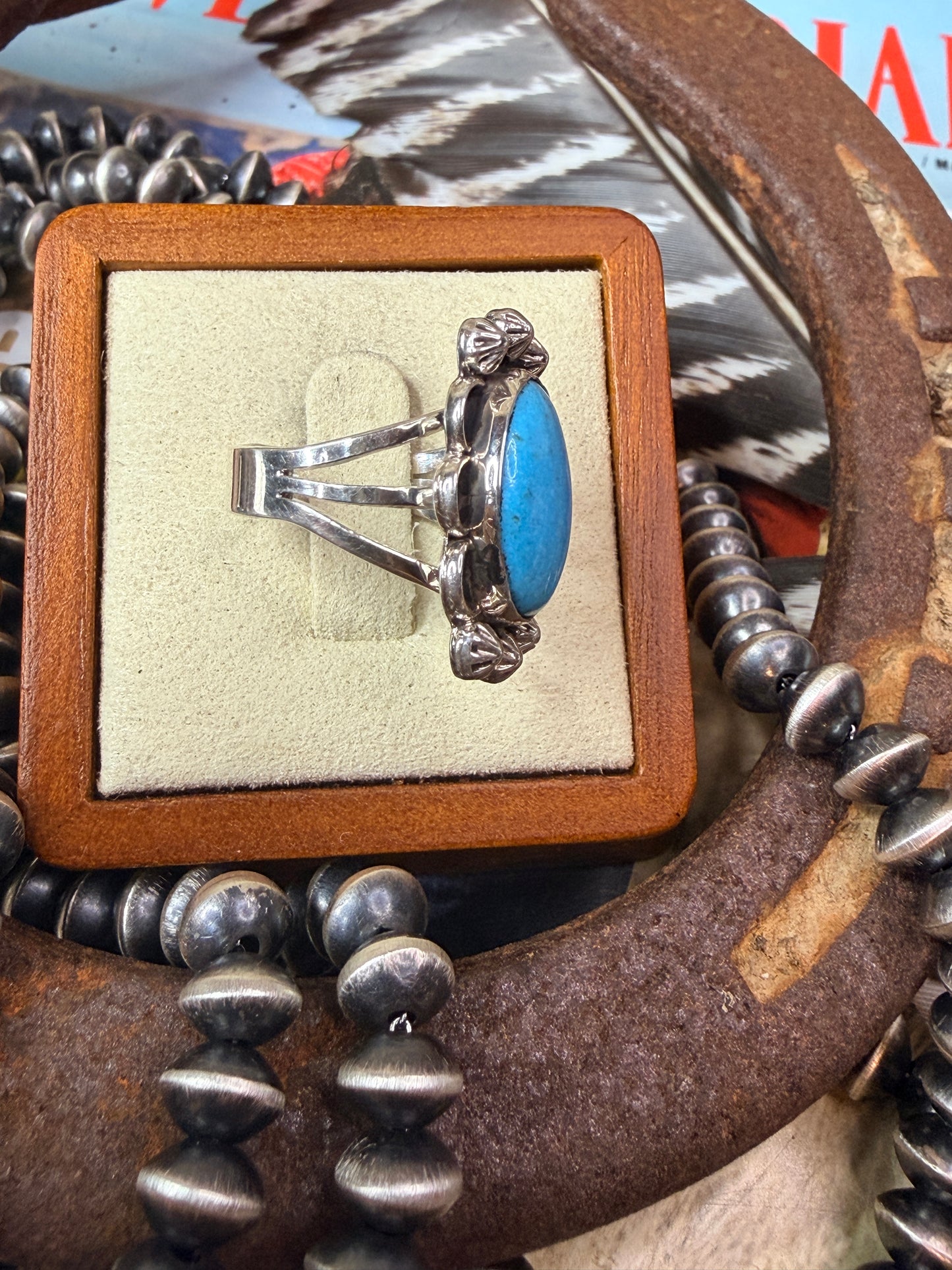 Native Made Kingman Turquoise and Sterling Silver Detailed Ring By Arlene Lewis Size 7