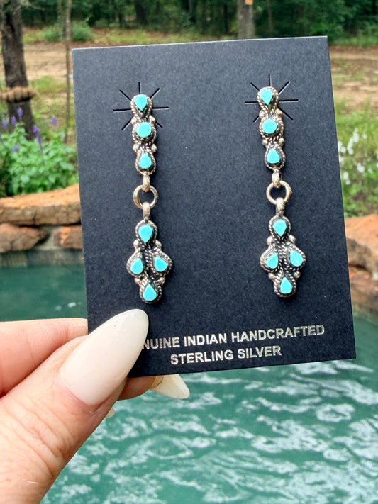 Native Made Zuni Turquoise and Sterling Silver Dangle Earrings by Jovi Burns