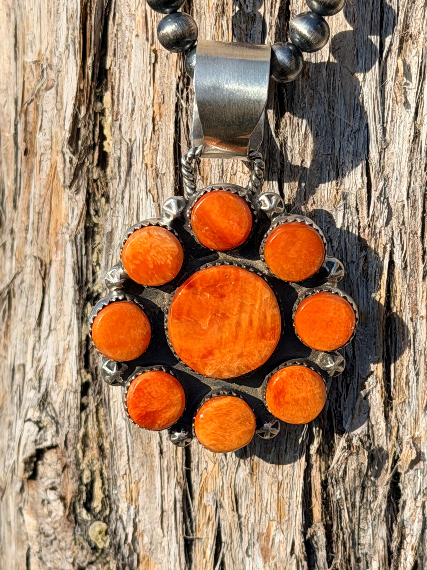 Native Made Spiny Oyster Flower Cluster Pendant on 6mm Pearls