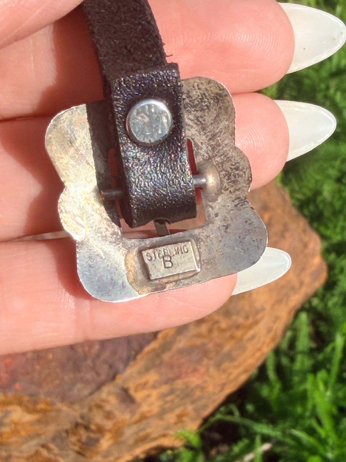 Native America Sterling Silver Turquoise Leather Concho Buckle Bracelet By Joan Begay