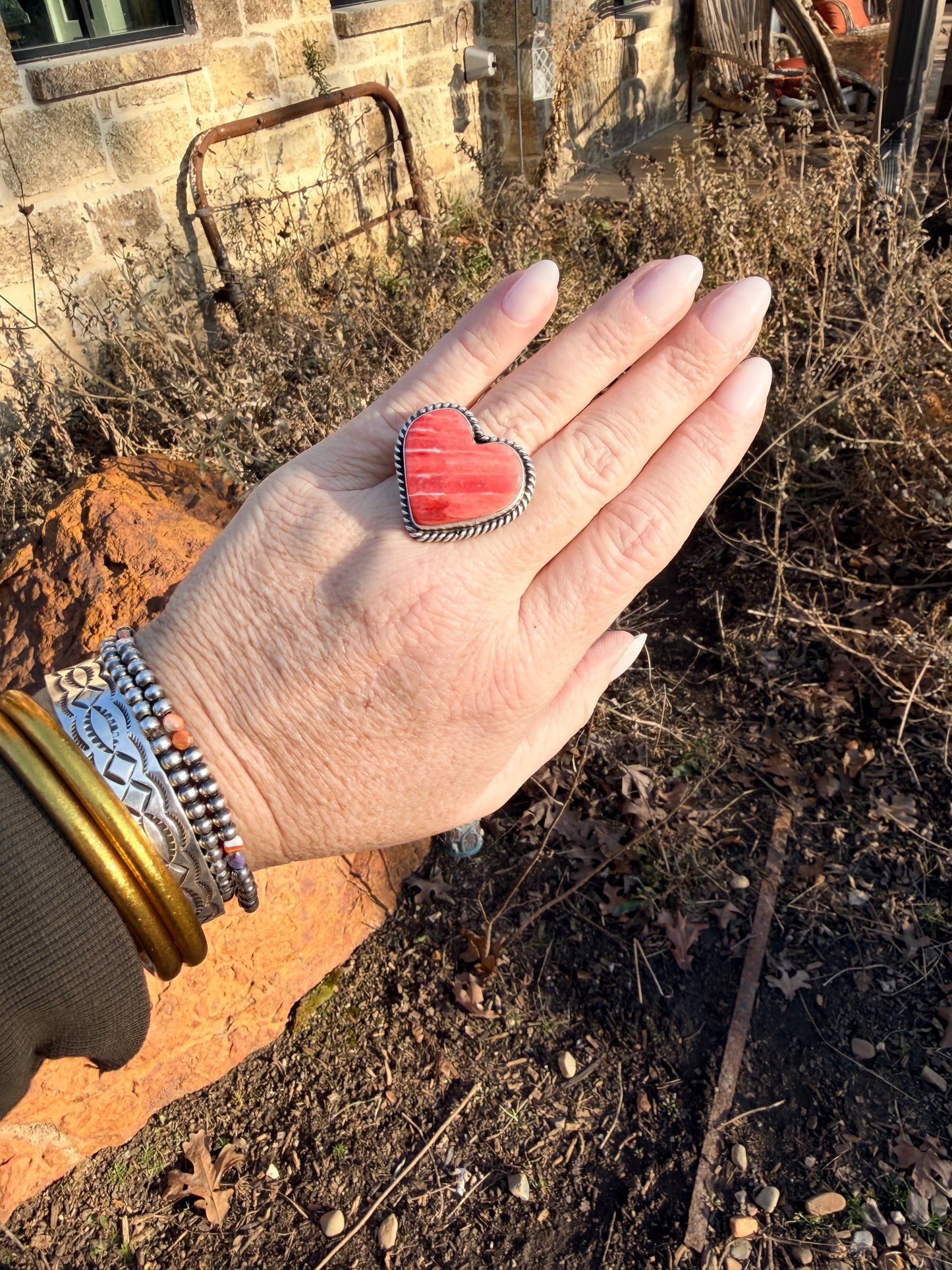 Native Made Orange Spiny Large Heart Adjustable Ring by Dixon