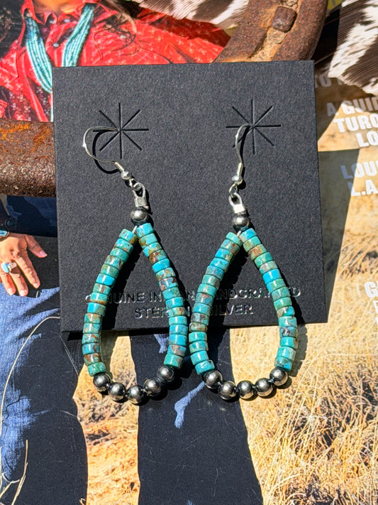 Turquoise Heishi and 4mm Desert Pearl Loop Earrings