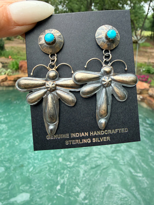 Native Made Kingman Turquoise and Sterling Silver Dragonfly Dangle Earrings by Yazzie
