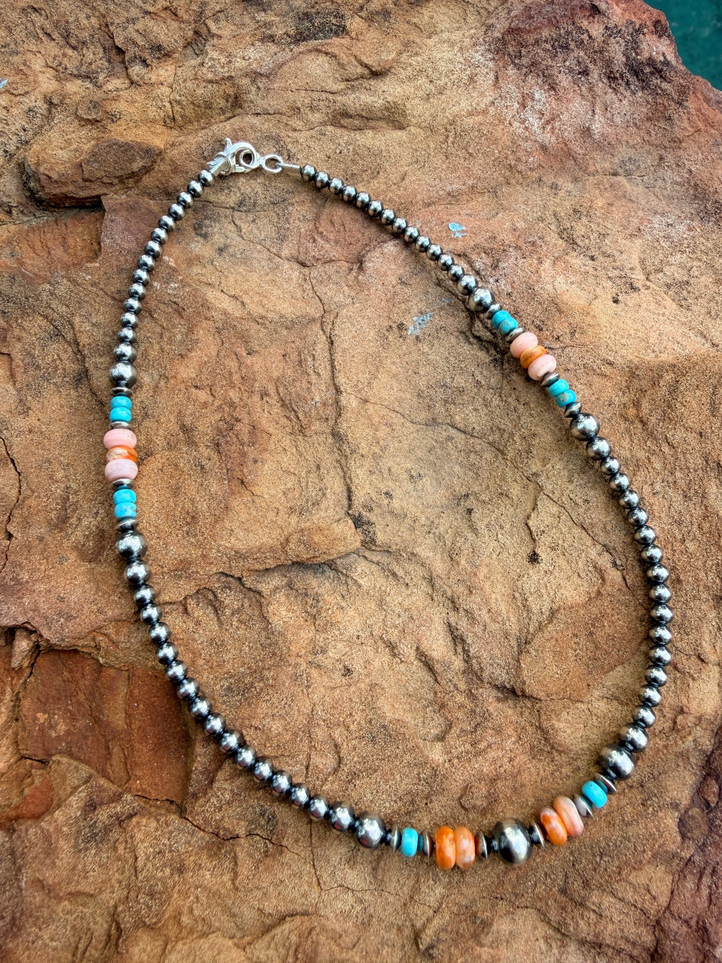 Authentic Turquoise, Pink Conch and Spiny Necklace