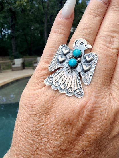 Adjustable Thunderbird Ring with Turquoise and Detailed Stamping