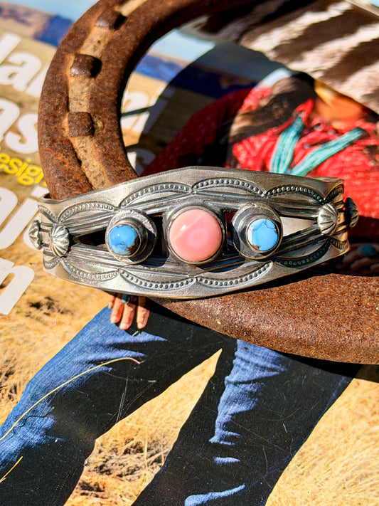Chimney Butte Pink Conch and Turquoise Cuff