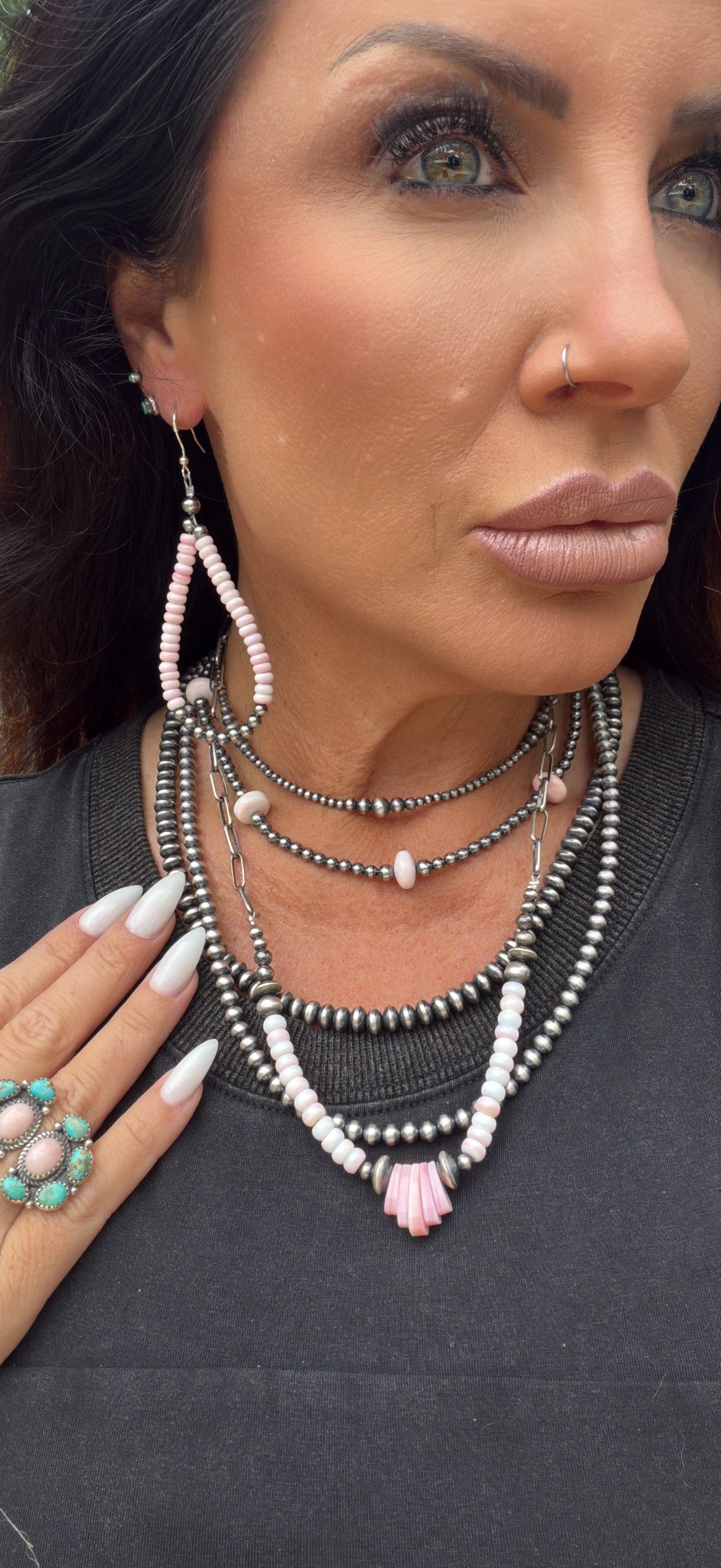 Pink Conch Necklace with Navajo Pearls on Paper Clip Chain