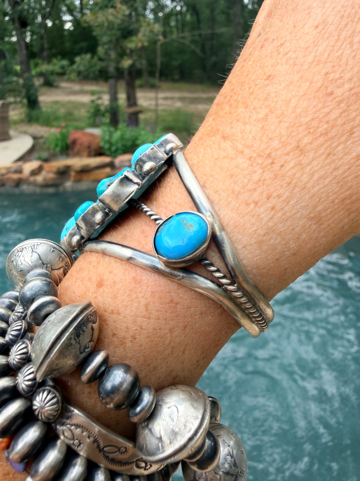 Navajo Turquoise Sterling Multi Stone Cuff Bracelet by Wilson Dawes