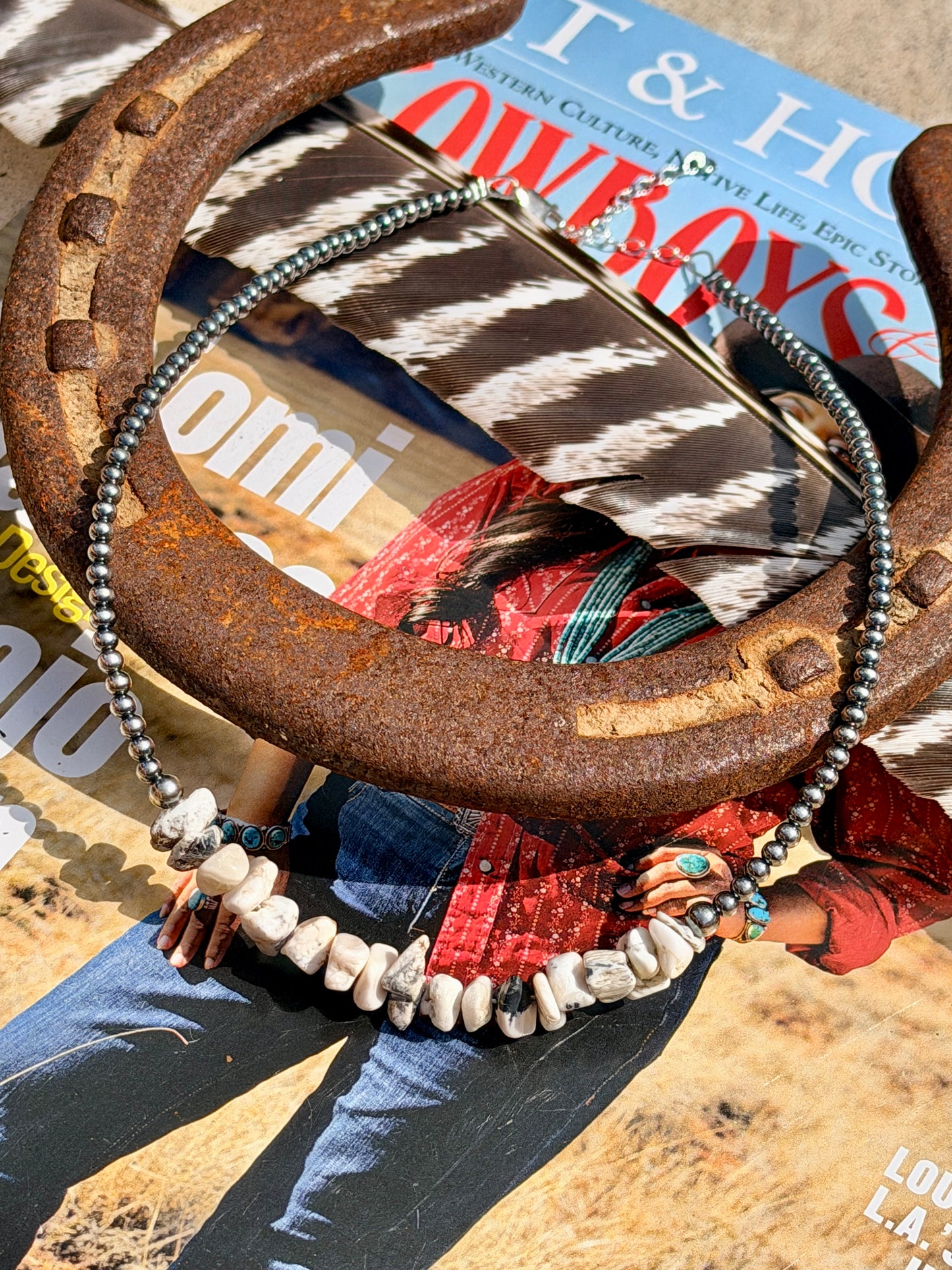 White Buffalo Stone Chips and Sterling Silver Pearls Necklace