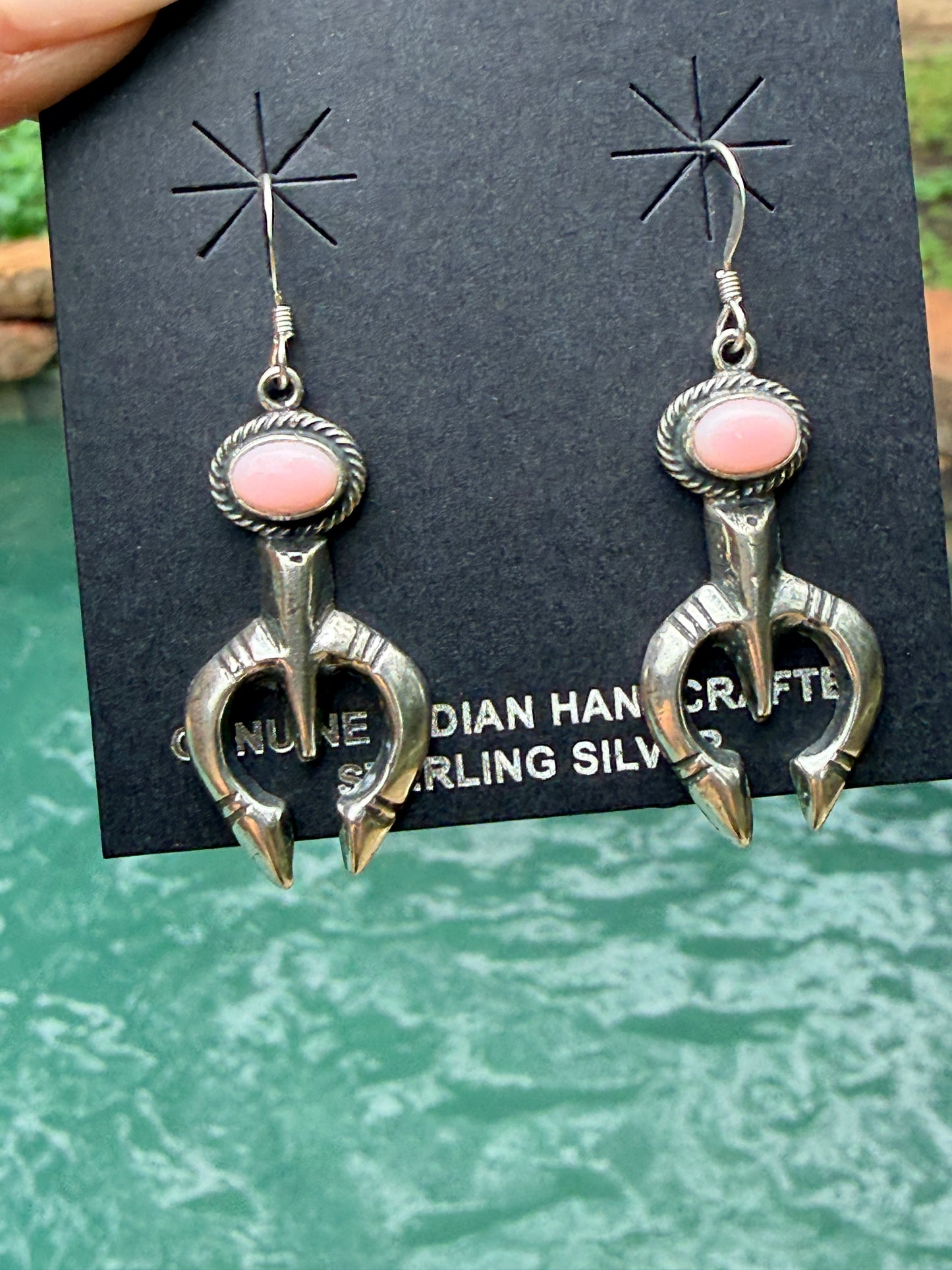 Native Made Sterling Silver and Pink Conch Shell Naja Dangle Earrings By Jerryson Henio.
