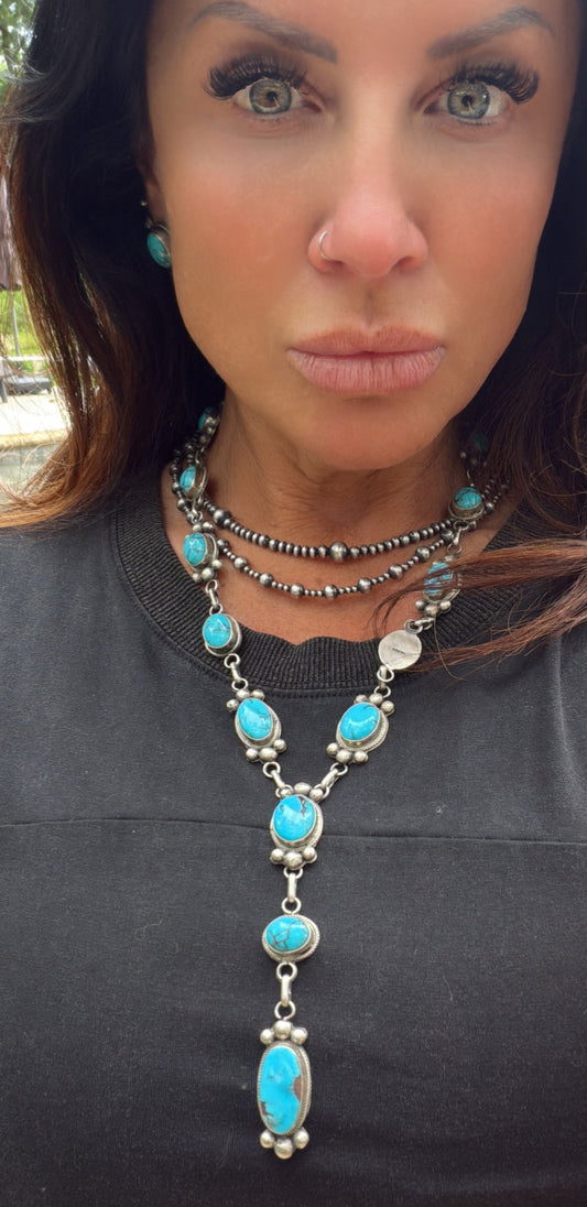 Native Made Egyptian Prince Turquoise & Sterling Silver Lariat Necklace & Earring Set