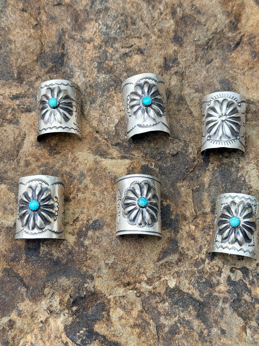 Concho and Turquoise Hand Stamped Braid Keepers 1”