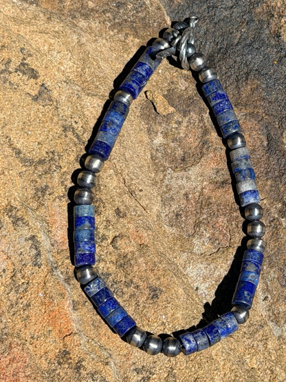 Handcrafted Native Strung Lapis and Sterling Silver Pearl Bracelet 7.5”