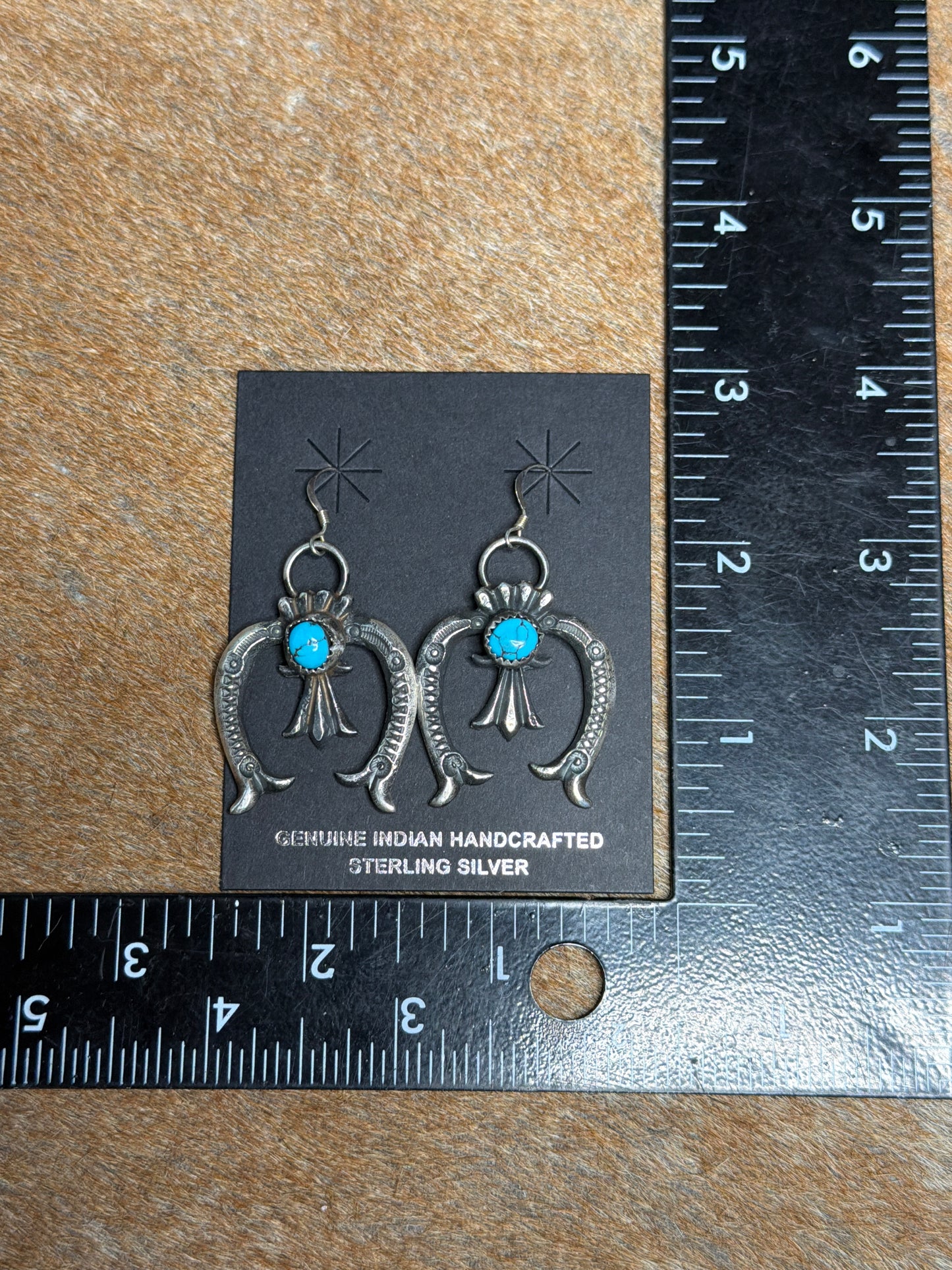 Native Made Naja Turquoise and Beautiful Hand Stamping Sterling Silver Earrings By EL Billah