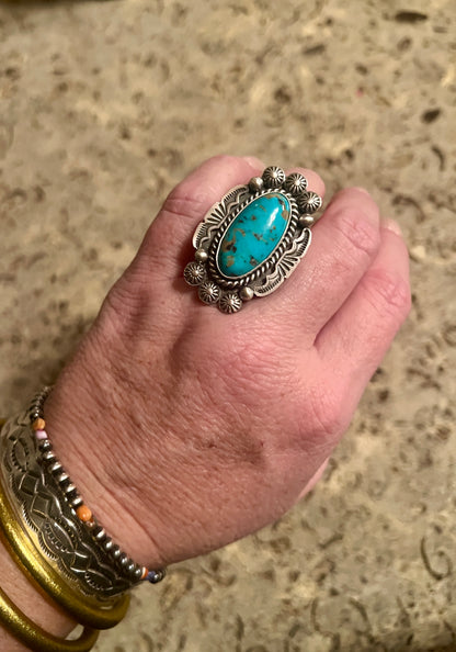Navajo Turquoise and Silver Ring by Michael Calladitto size 8