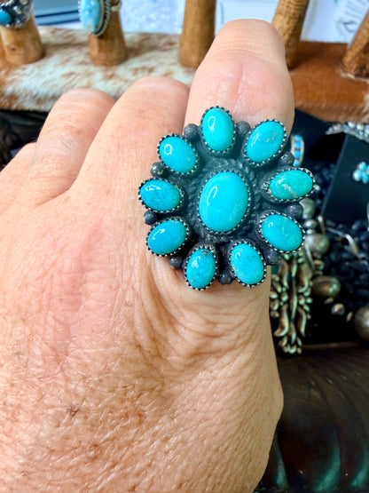 Authentic Navajo Turquoise and Sterling Silver Adjustable Cluster Ring
