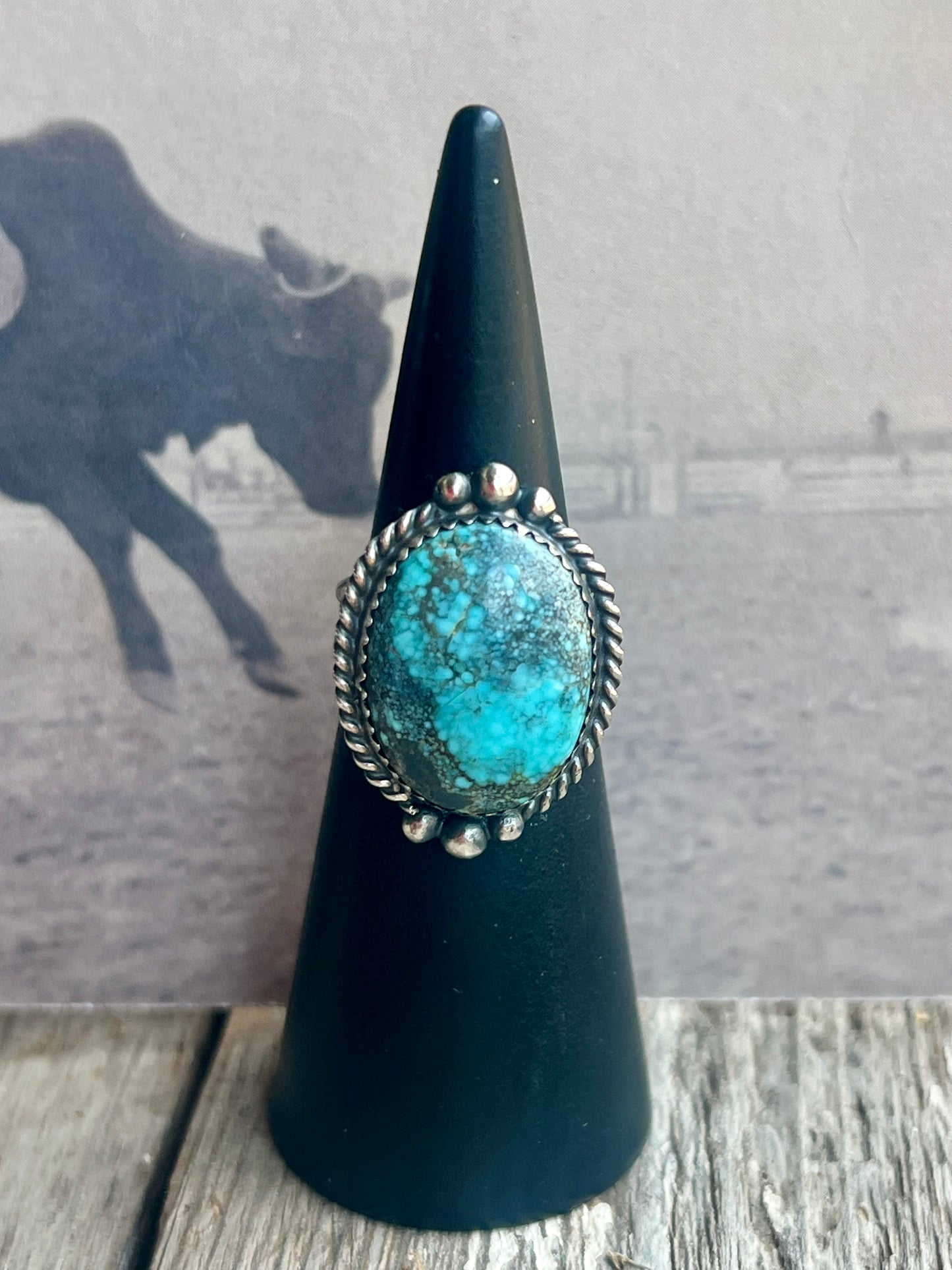 Native American Sterling Silver Spider Web Turquoise Ring By Charlie Yazzie . Ring size: 7