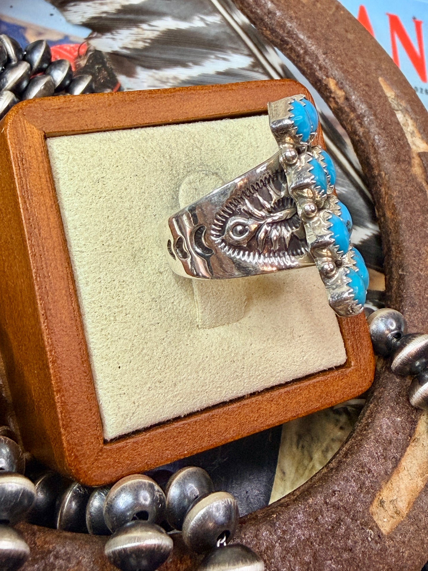 Authentic Native Made 12 Diamond Shaped Kingman Turquoise Stone Ring by Verley Betone size 7