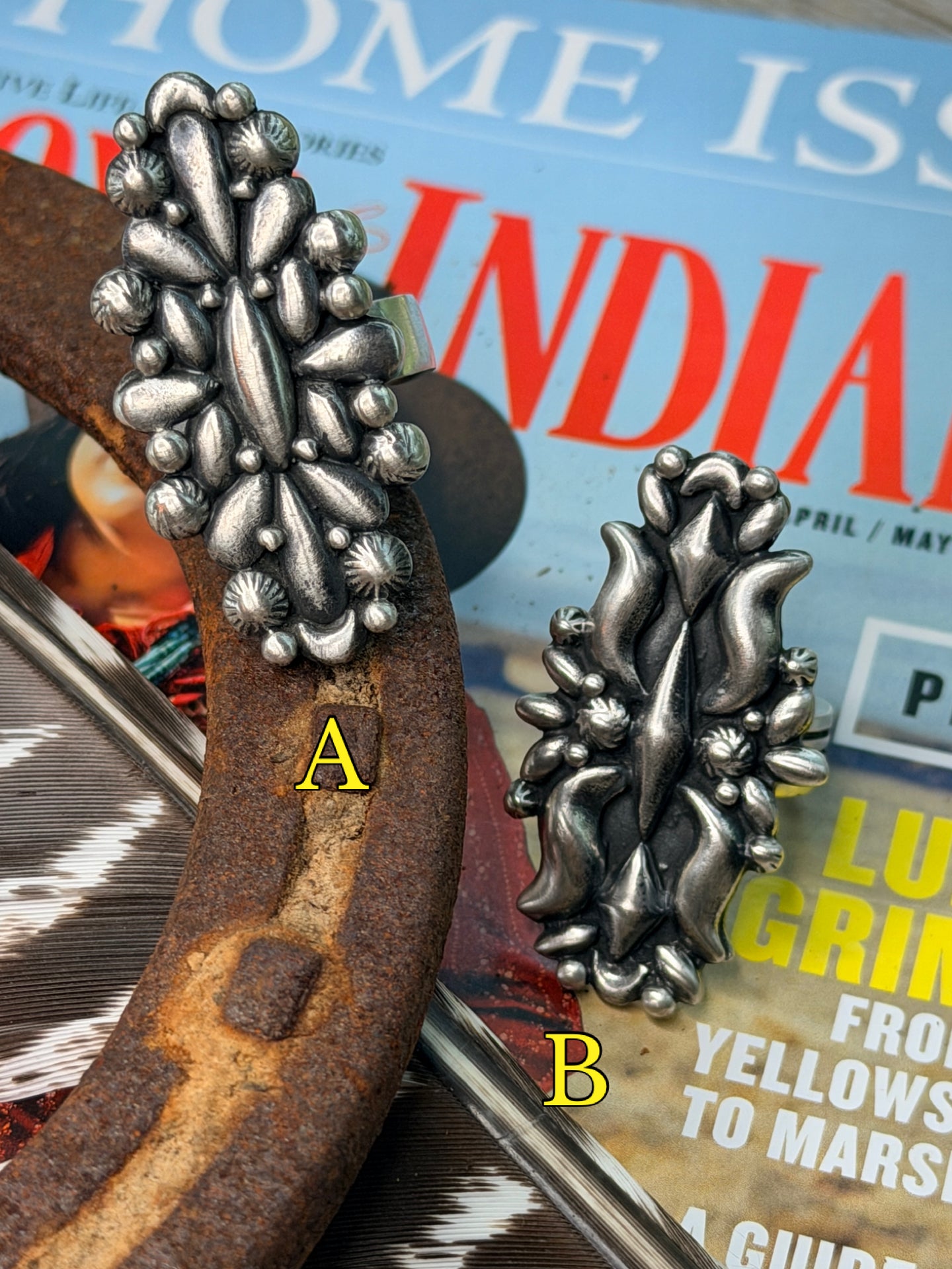 Handcrafted Native American sterling silver ring, featuring a intricate concho-style design with dimensional silver details