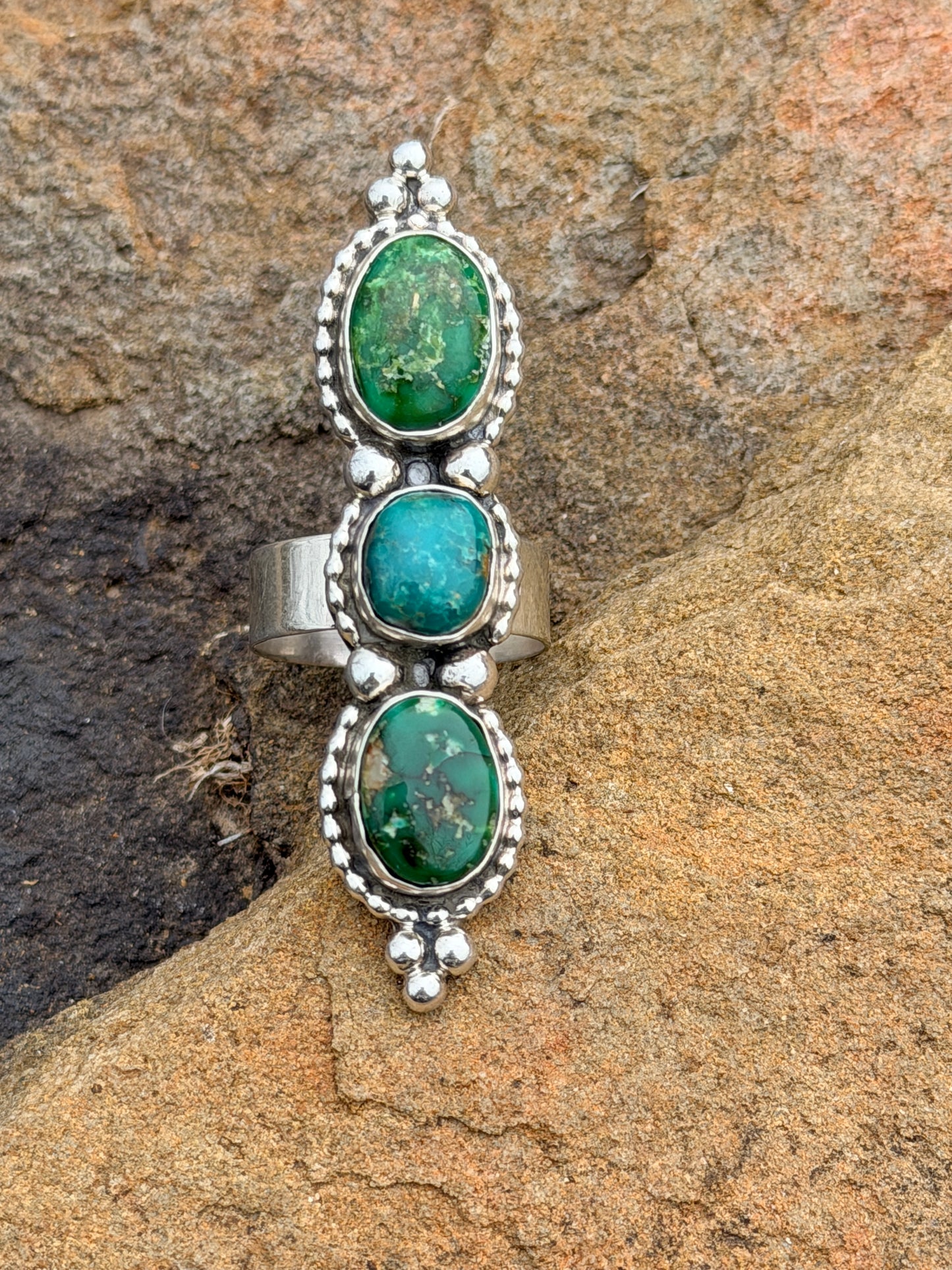 Authentic Native American Navajo Sterling Silver Sonoran Gold 3 Stone Ring size 7 by Shelia Becenti